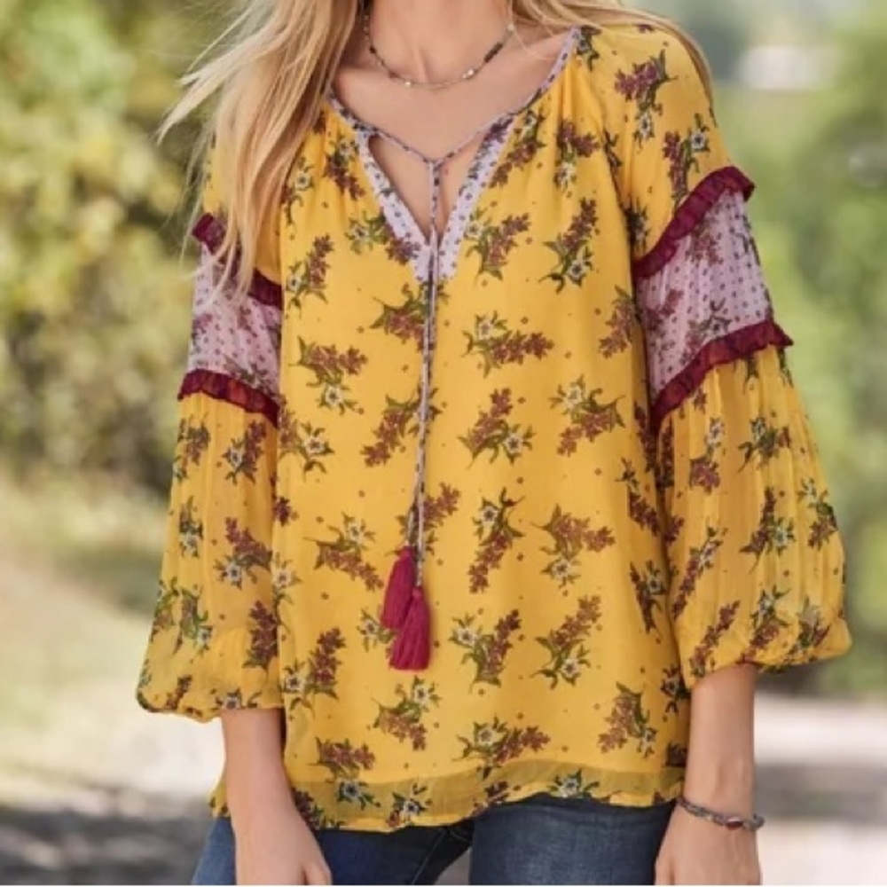Sundance ‘Floral Dreams’ Blouse Tie-Front Flowy Chiffon Women’s XS Gold Floral
